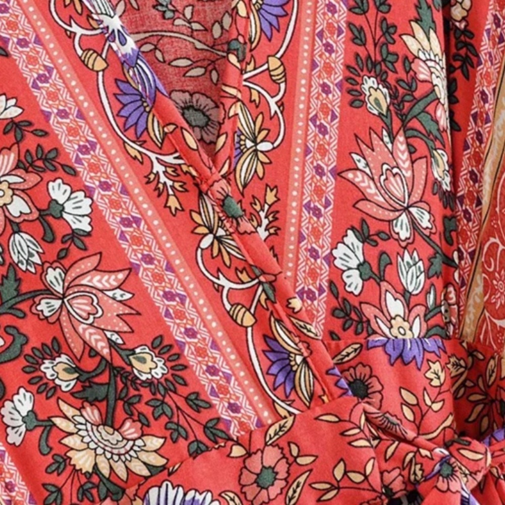 Bohemian Floral Tribal Print Maxi Wrap Dress Red - Picture 9 of 13